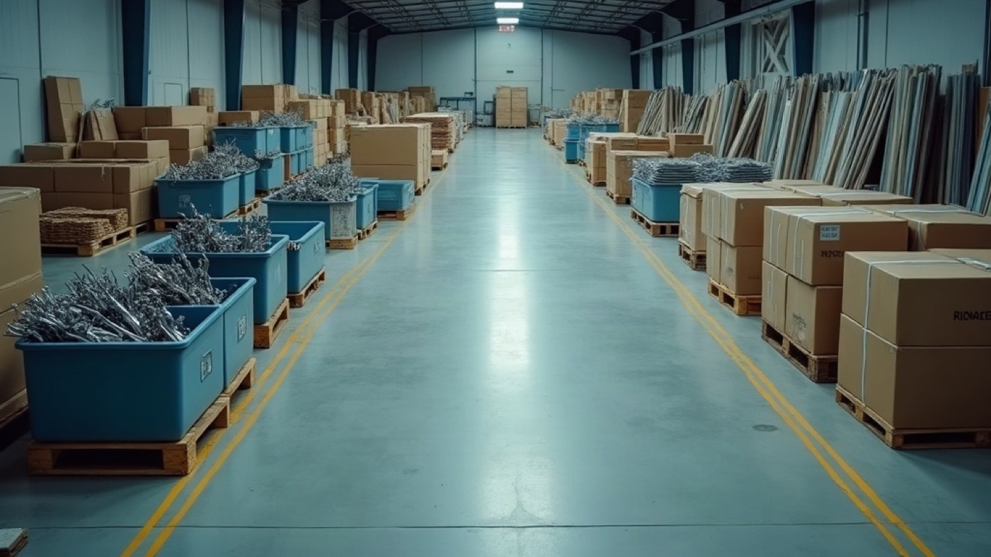 Warehouse floor split into tool, appliance, and fabric zones