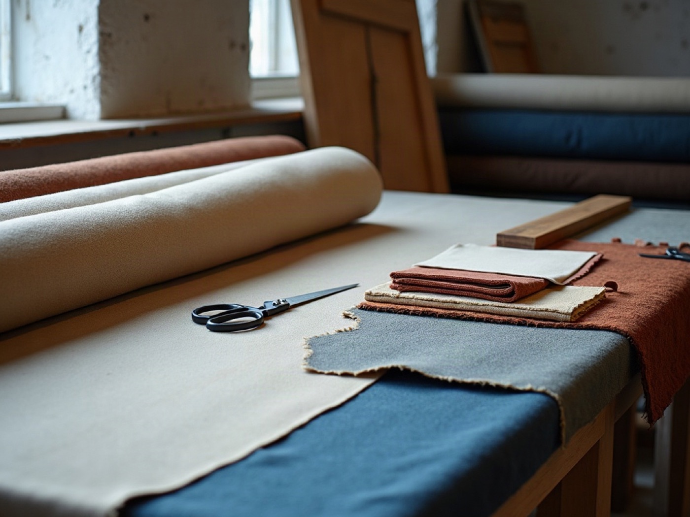 Cutting table with drapery rolls and upholstery swatches