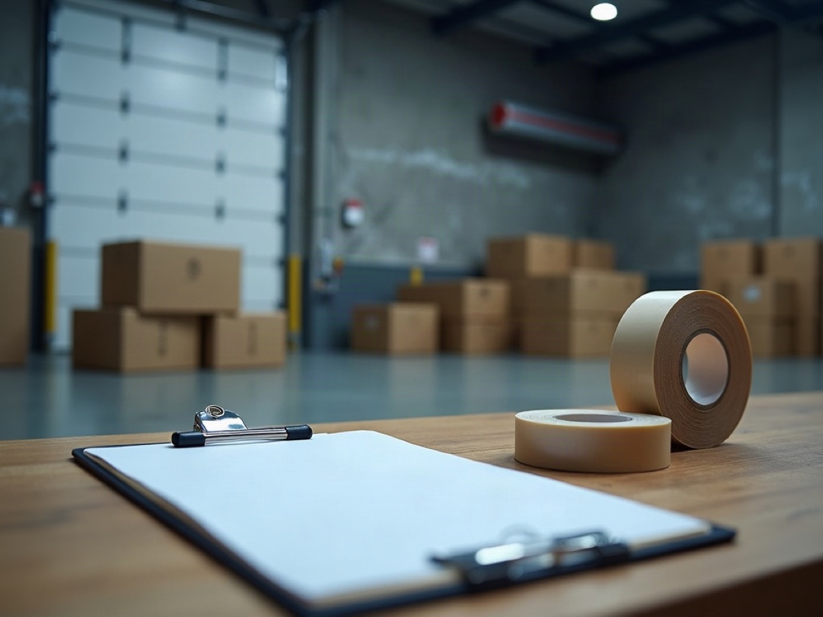 Receiving desk with cartons and packing tape by a loading door