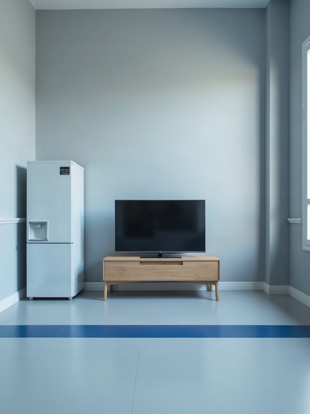 Electronics salon with a refrigerator and a television